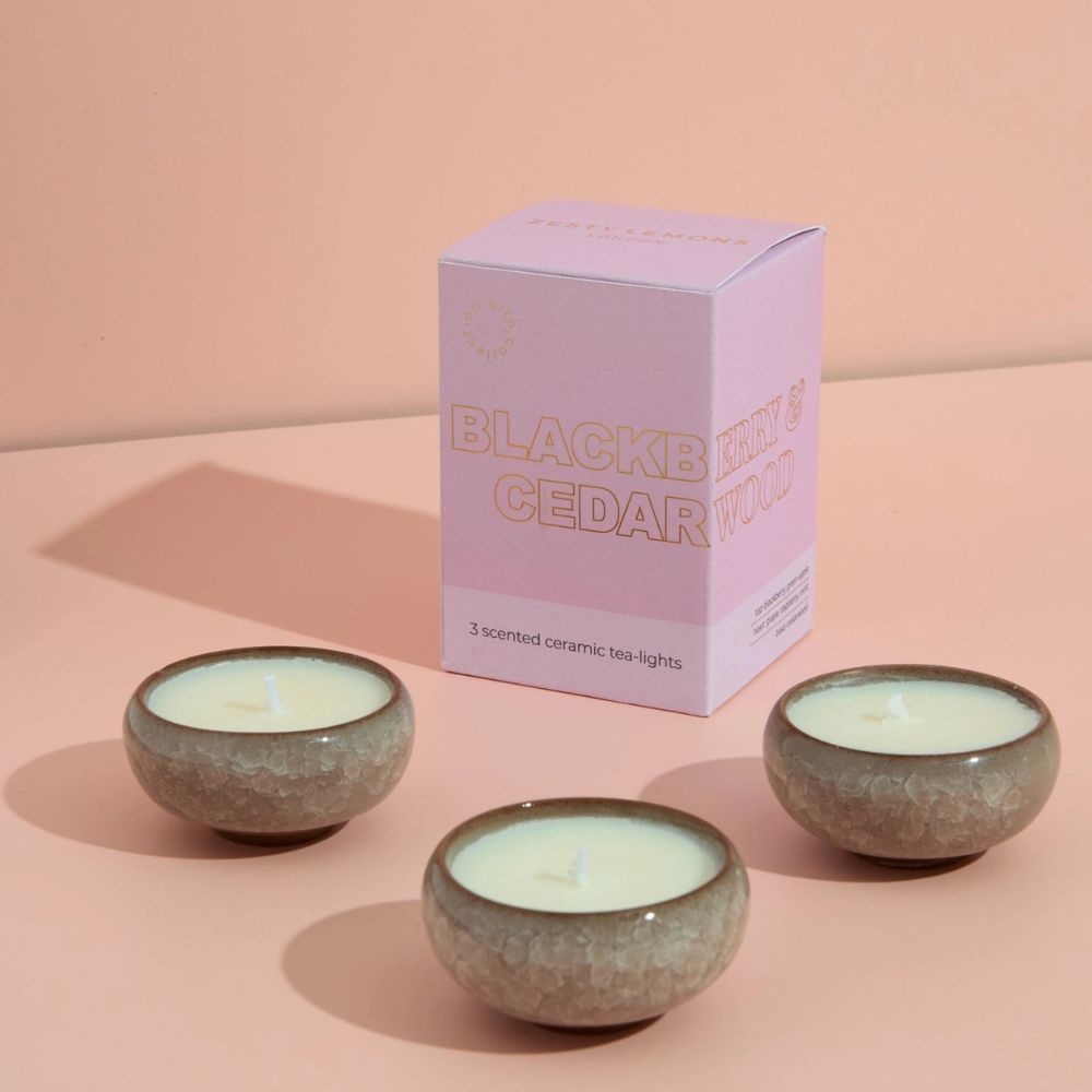 Set of 3 Blackberry & Cedarwood Scented Tealights in Ceramic Tealight Holder