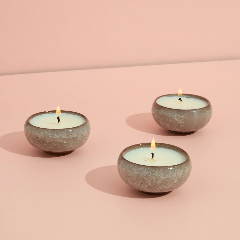 Set of 3 Blackberry & Cedarwood Scented Tealights in Ceramic Tealight Holder