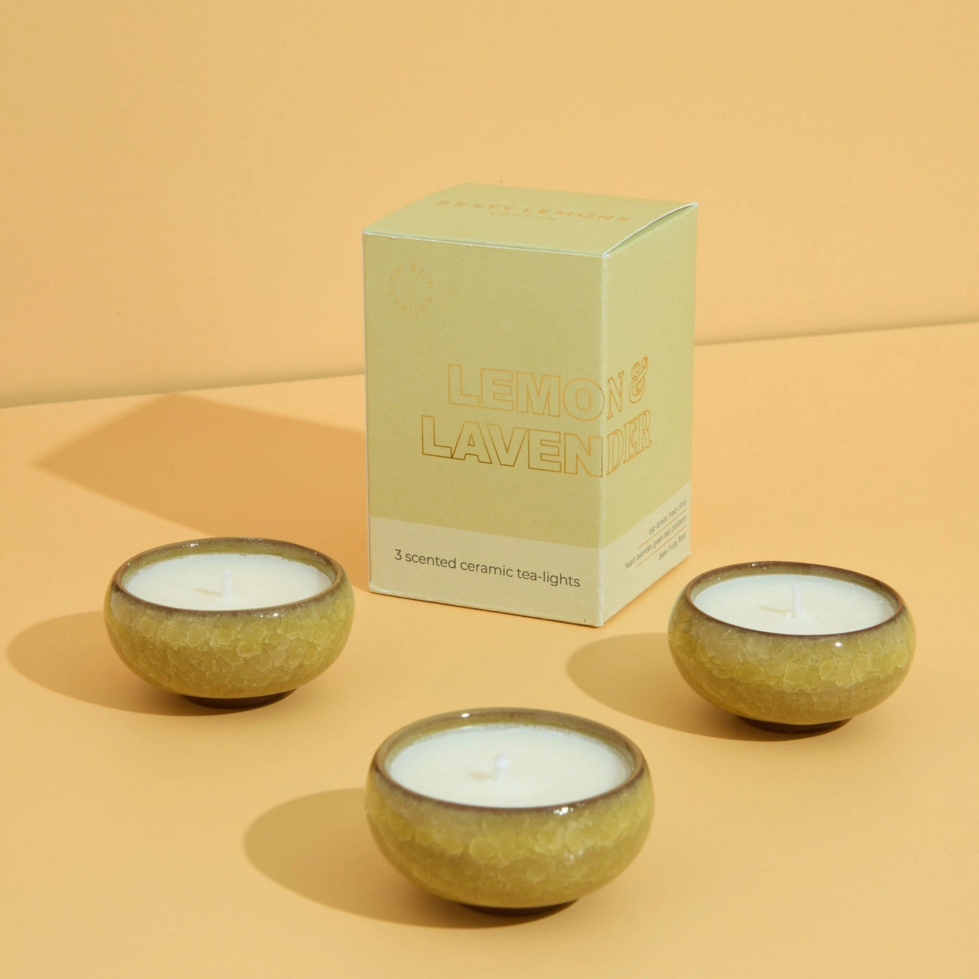 Set of 3 Lemon & Lavender Scented Tealights in Ceramic Tealight Holder