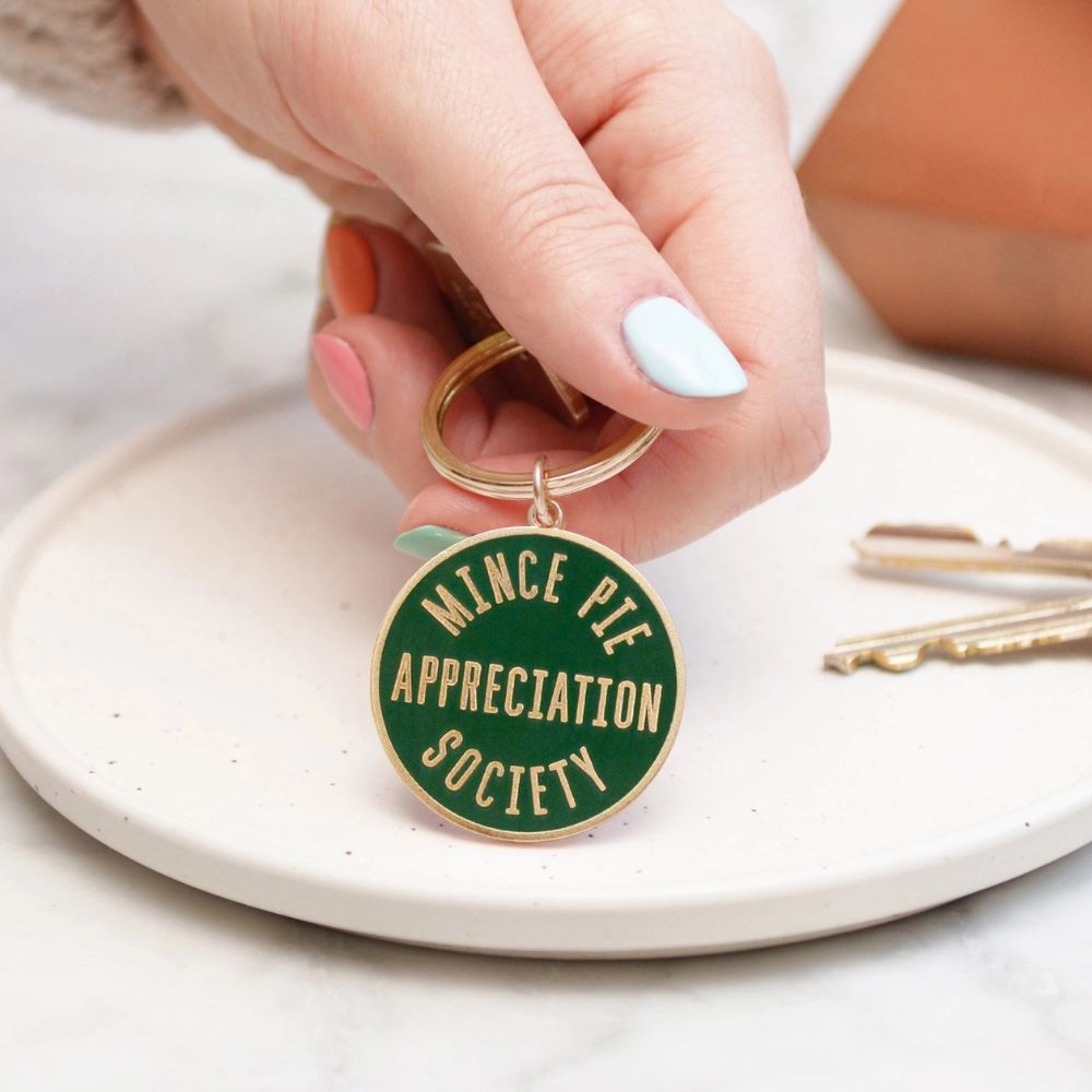Mince Pie Appreciation Society Green Enamel Keyring by Alphabet Bags