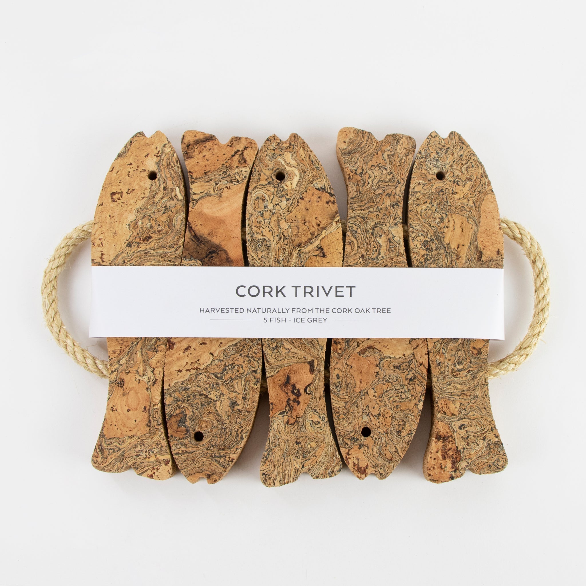 Large cork trivet with fish design and rope handles