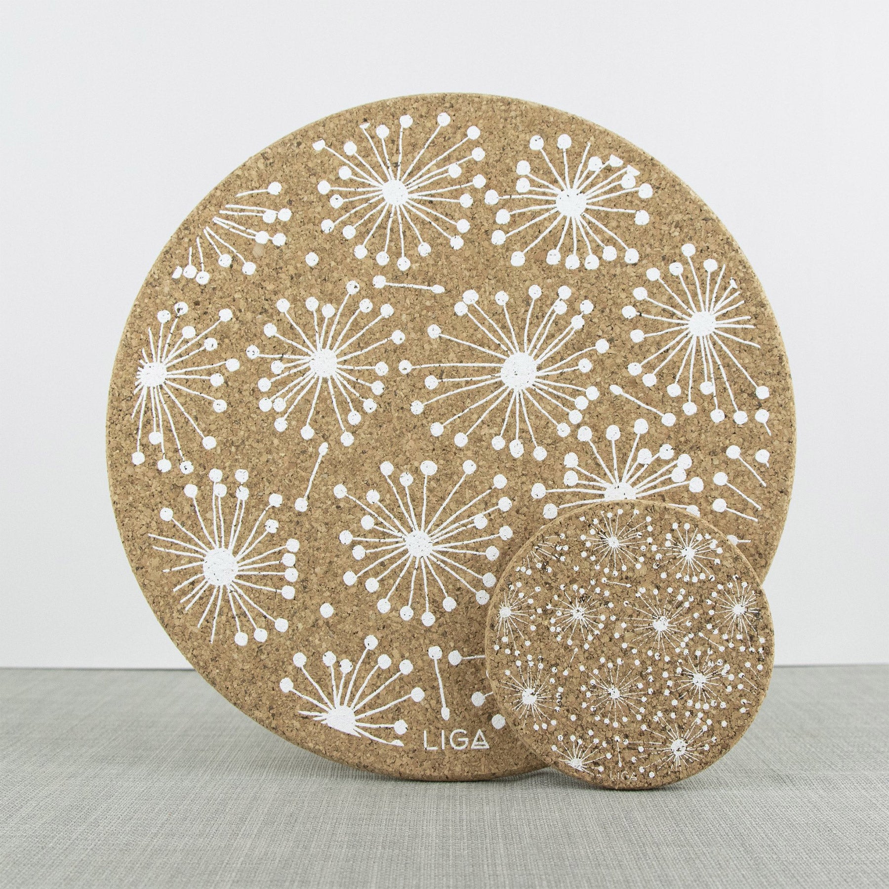 Matching cork placemats and coasters with dandelion print
