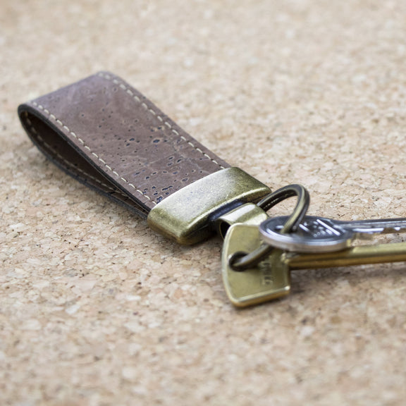 Dark brown cork keyring close up