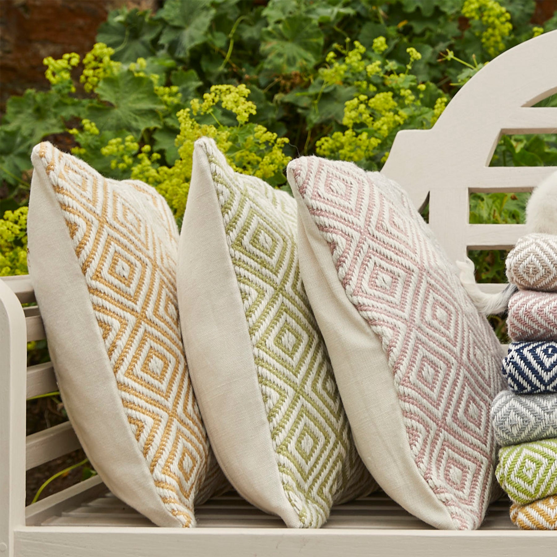 Gold diamond pattern cushion made from recycled plastic bottles