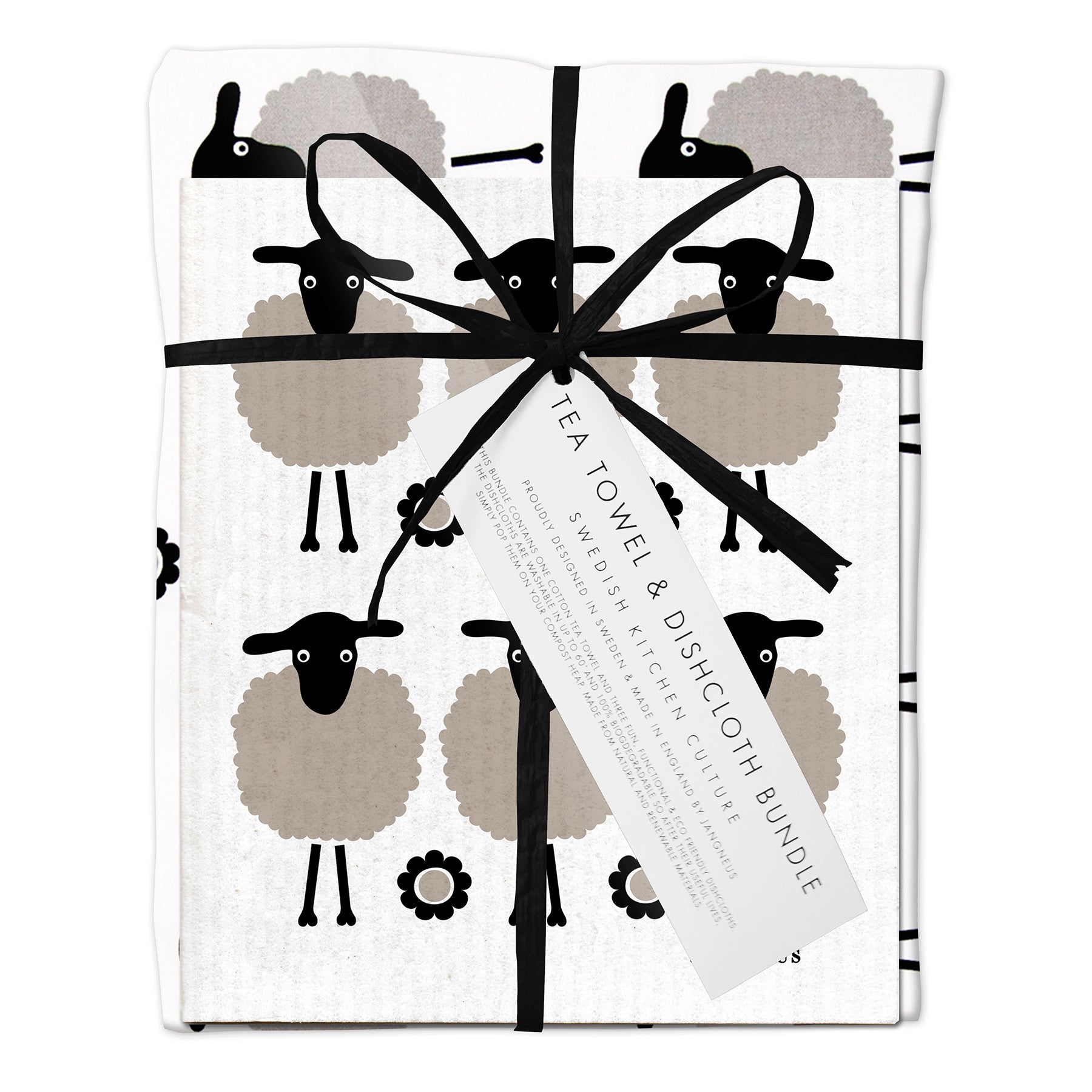 Tea Towel & Dishcloth Bundle - Grey Sheep