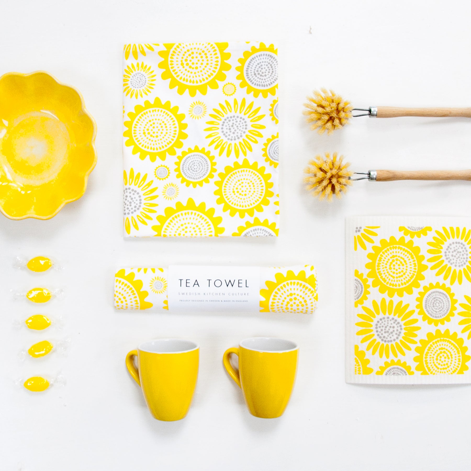 Cotton tea towel yellow sunflower pattern