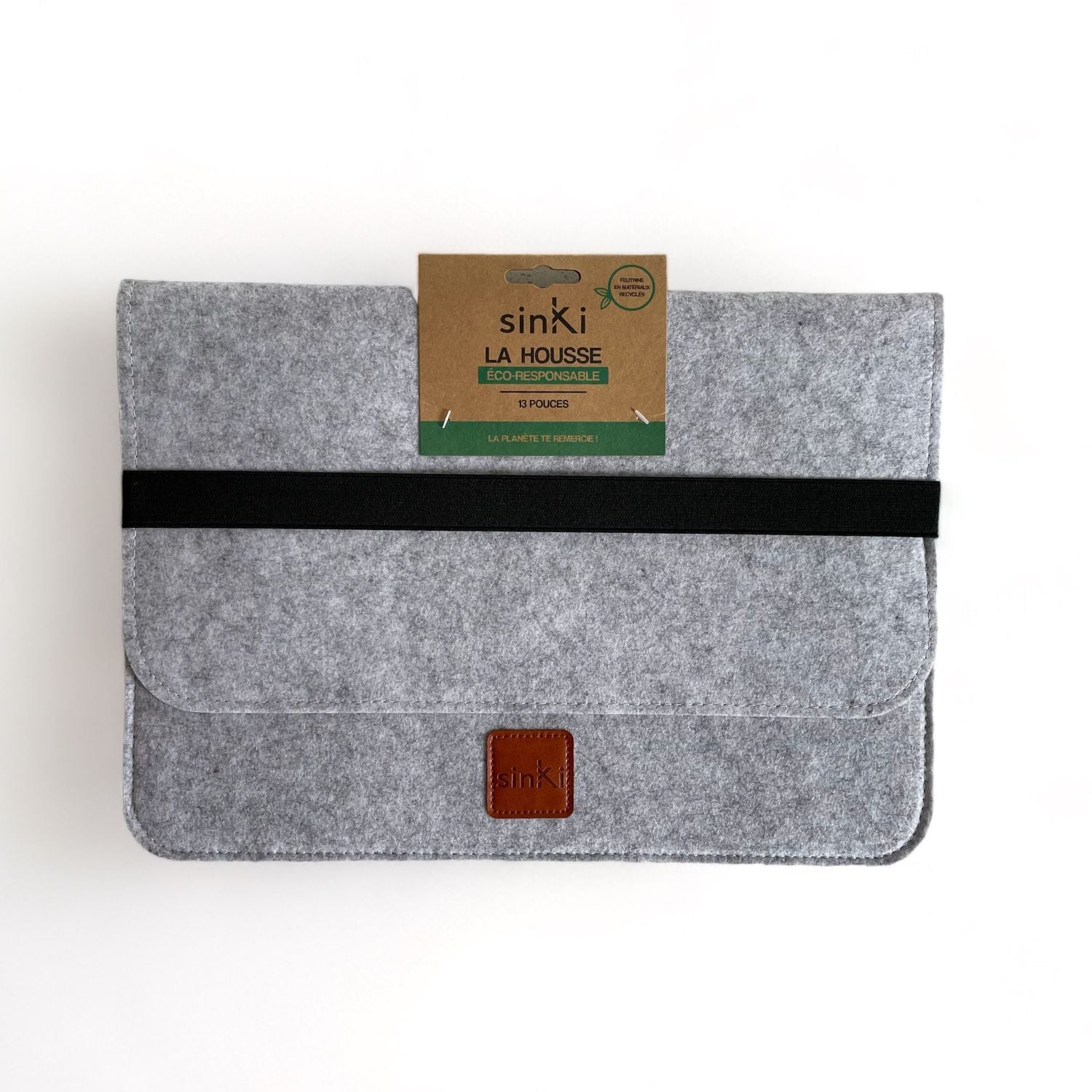 Light grey felt laptop sleeve with black elastic fastening