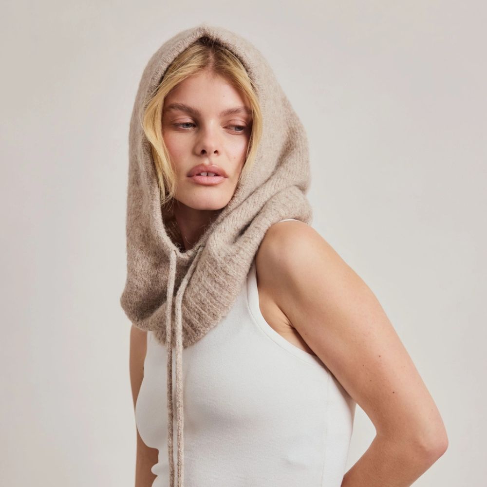 Beige Alpaca Drawstring Hood