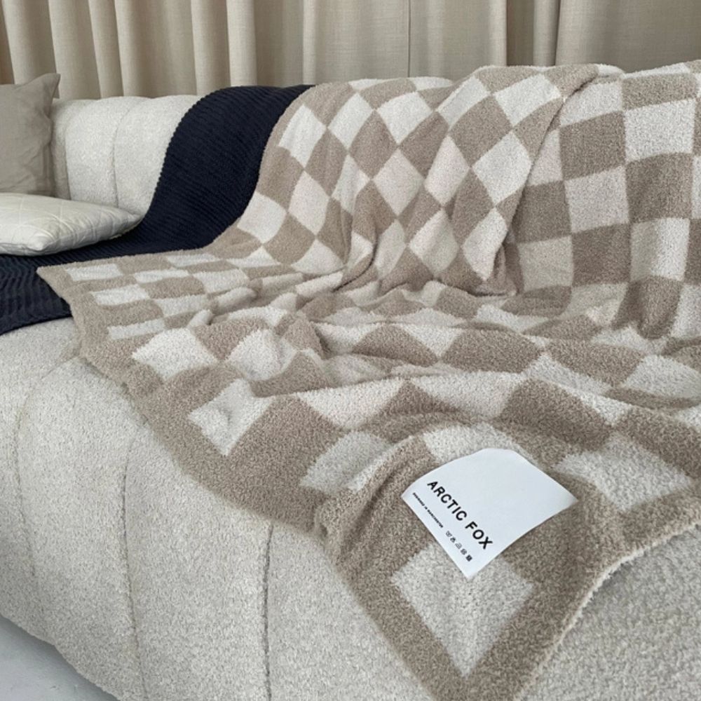 Super Soft Beige Checkerboard Throw in Teddy Fleece Made From Recycled Bottles