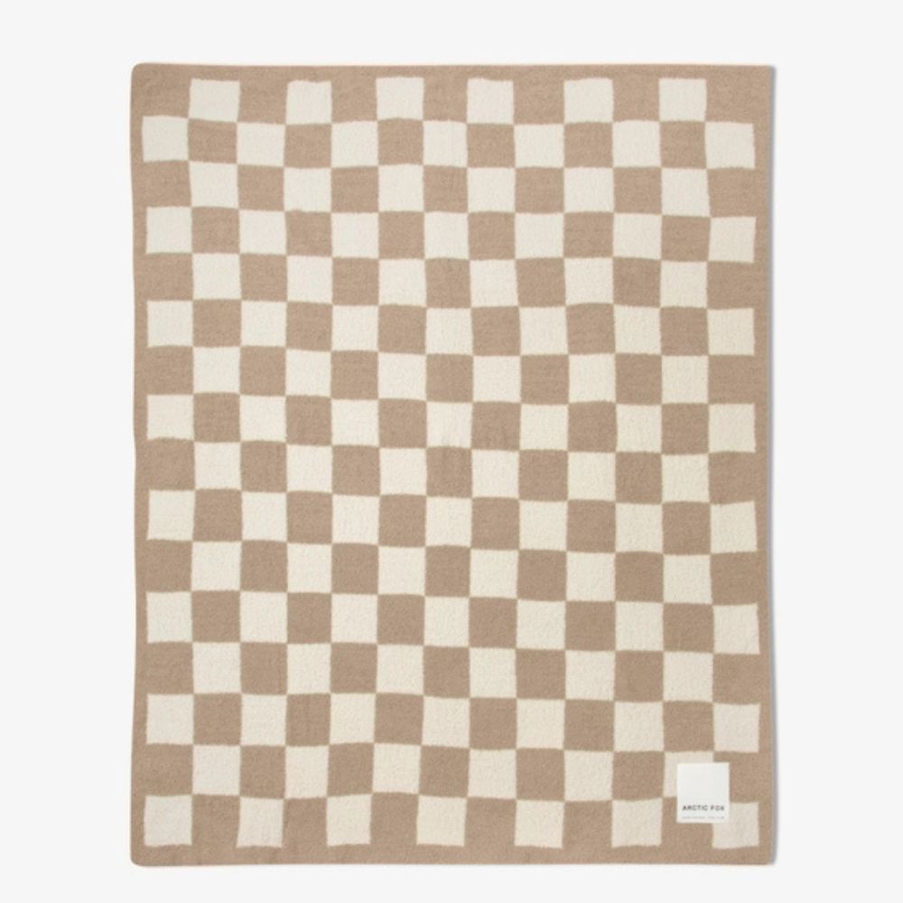 Super Soft Beige Checkerboard Throw in Teddy Fleece Made From Recycled Bottles