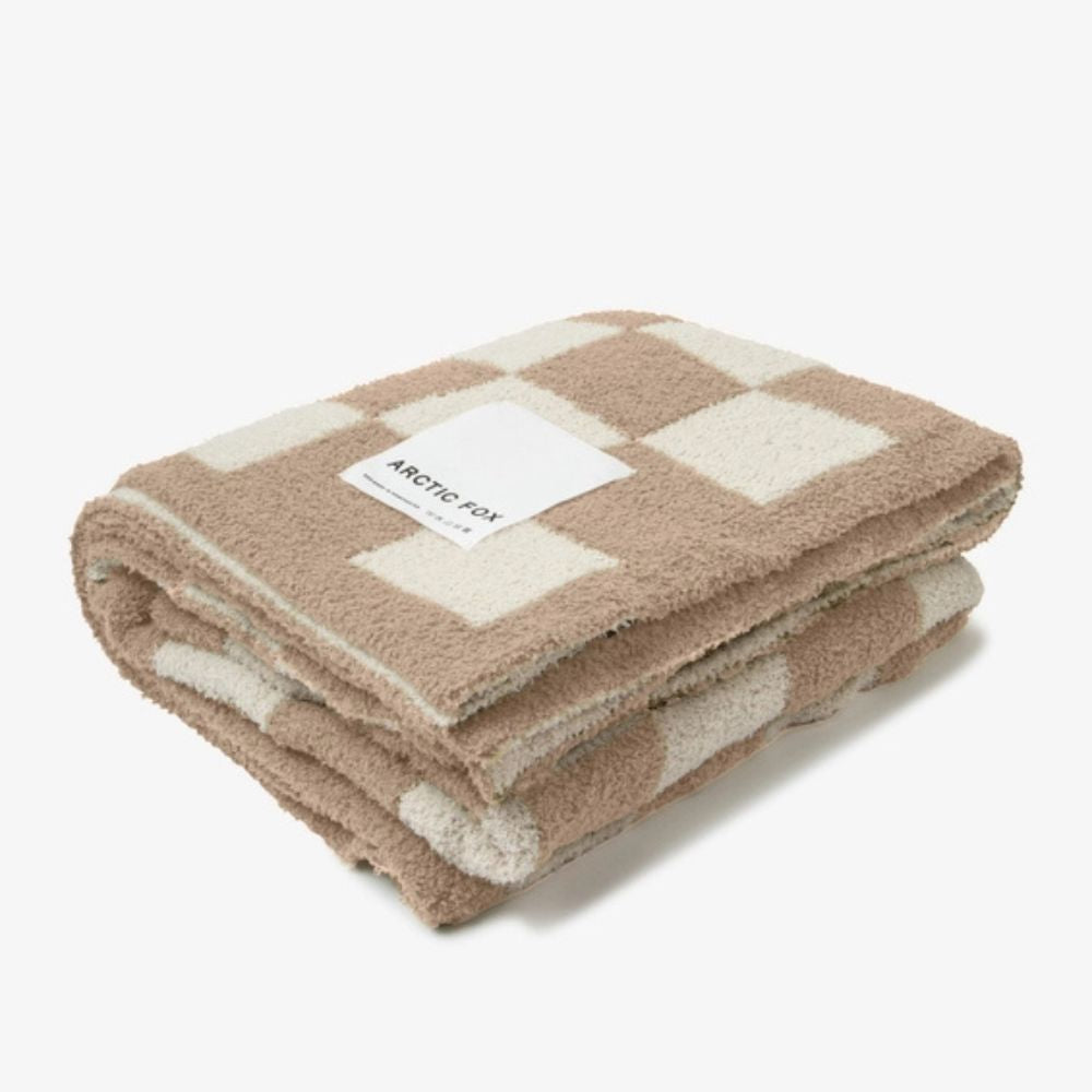 Super Soft Beige Checkerboard Throw in Teddy Fleece Made From Recycled Bottles