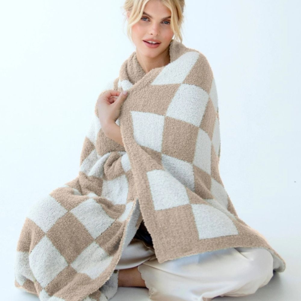 Super Soft Beige Checkerboard Throw in Teddy Fleece Made From Recycled Bottles