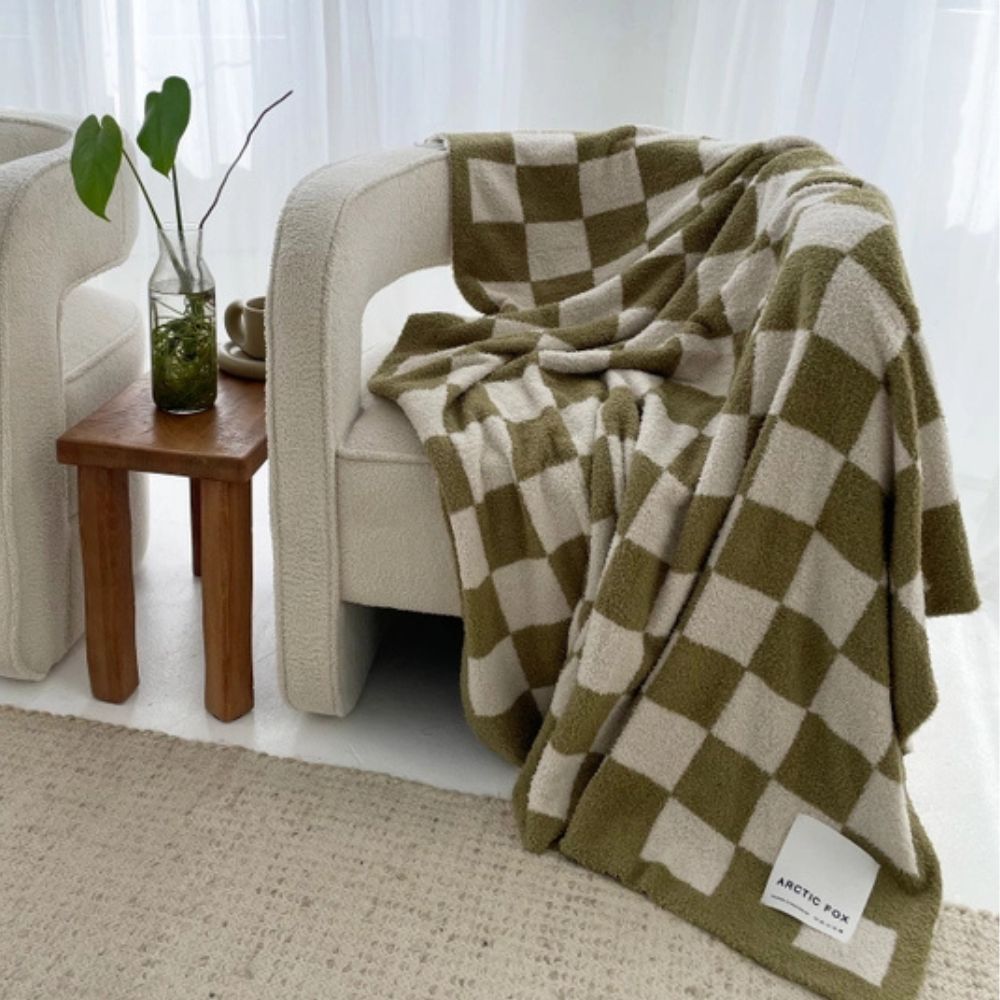 Soft Kahki Checkerboard Throw in Teddy Fleece Made From Recycled Bottl