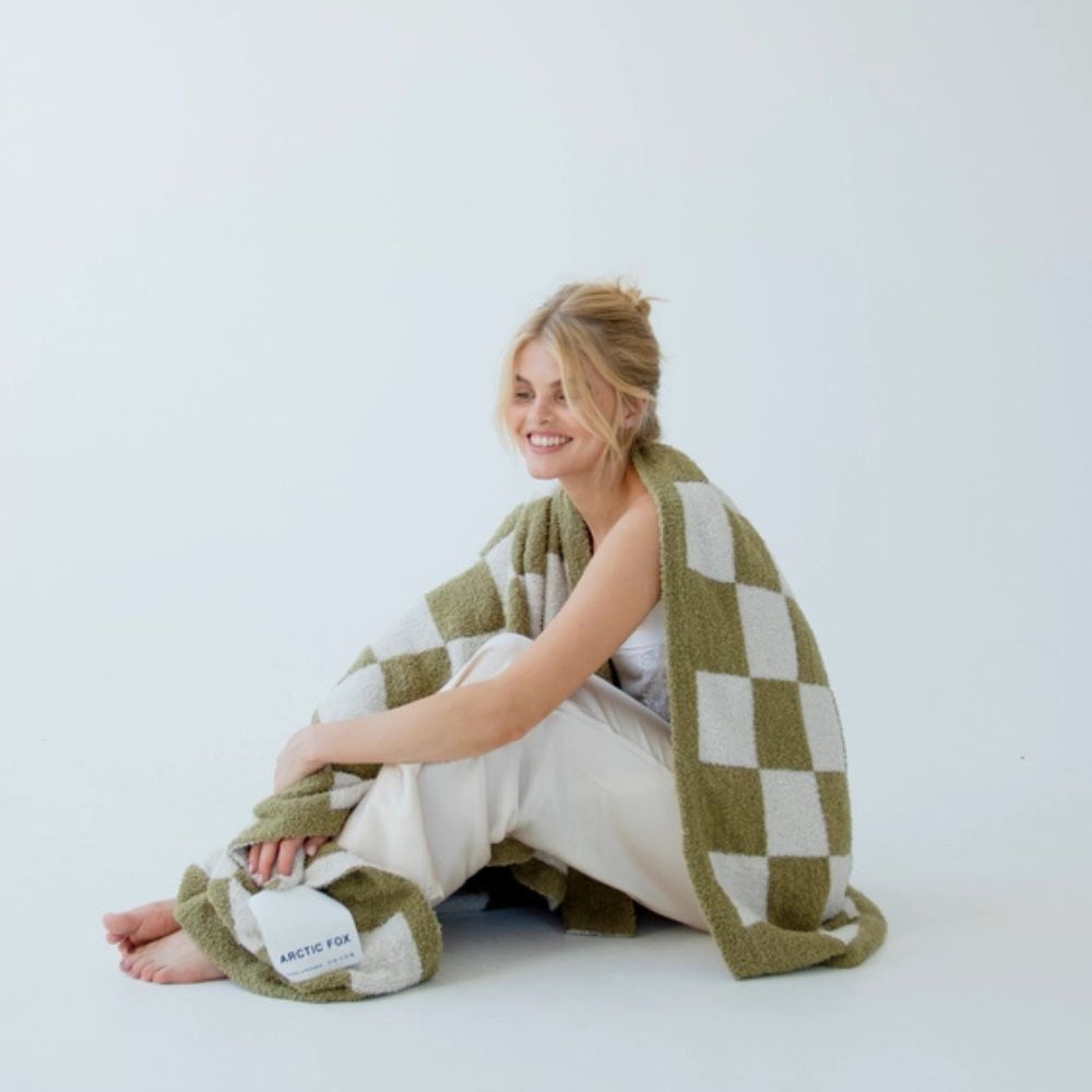 Soft Kahki Checkerboard Throw in Teddy Fleece Made From Recycled Bottles