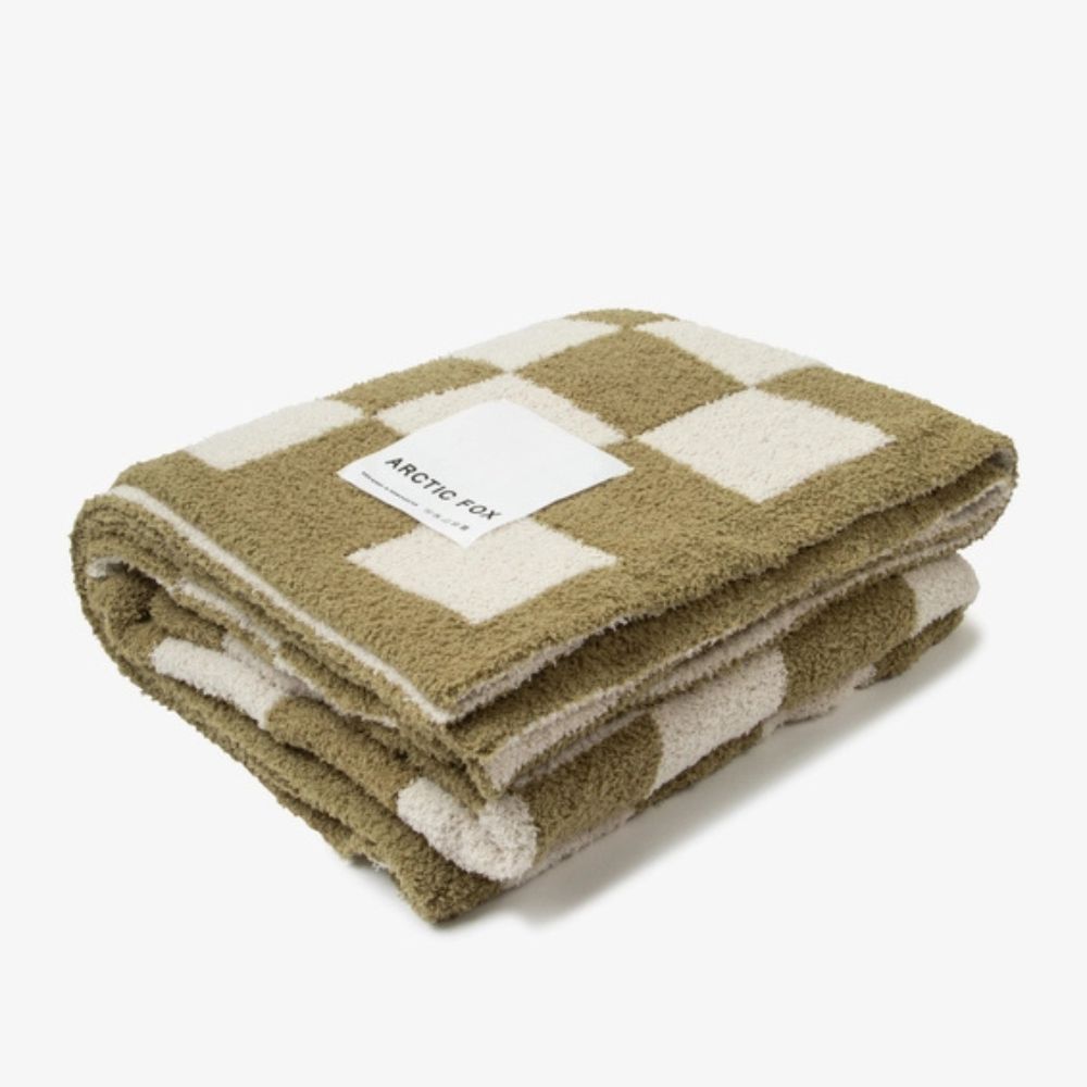 Soft Kahki Checkerboard Throw in Teddy Fleece Made From Recycled Bottles