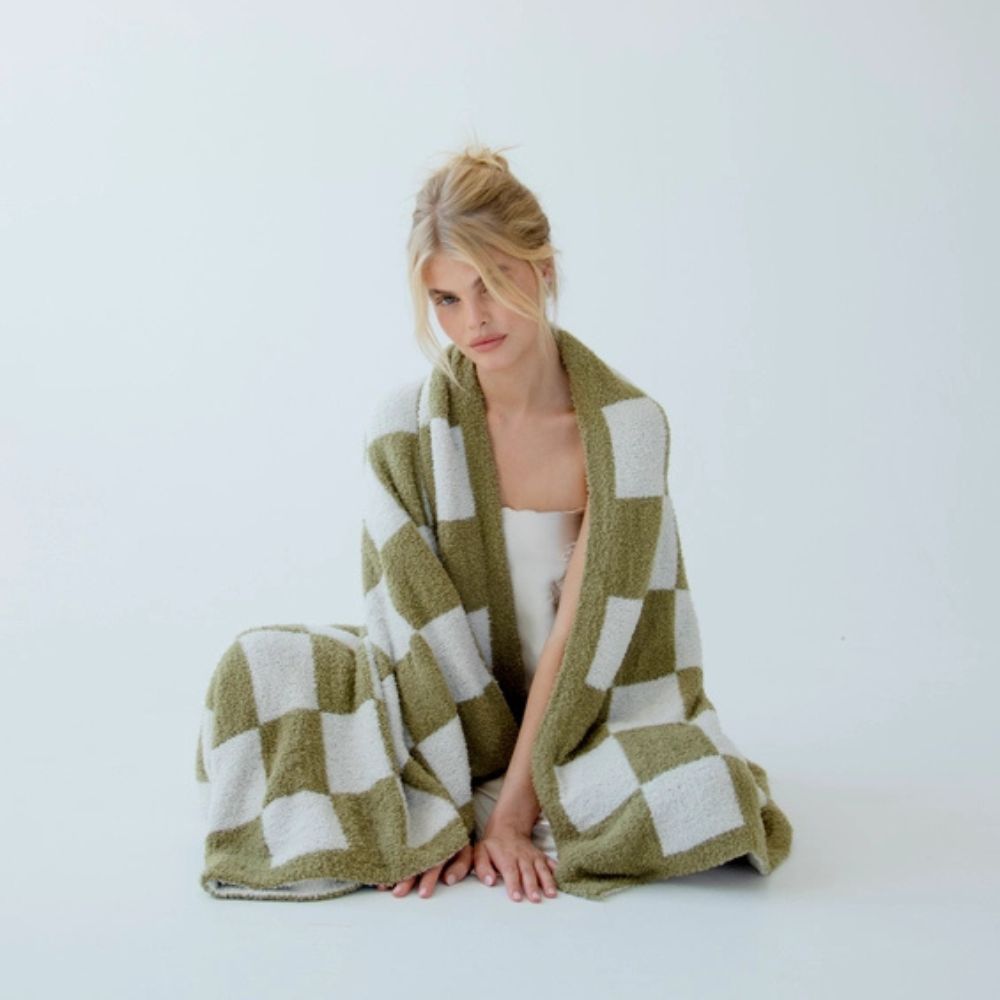 Soft Kahki Checkerboard Throw in Teddy Fleece Made From Recycled Bottles