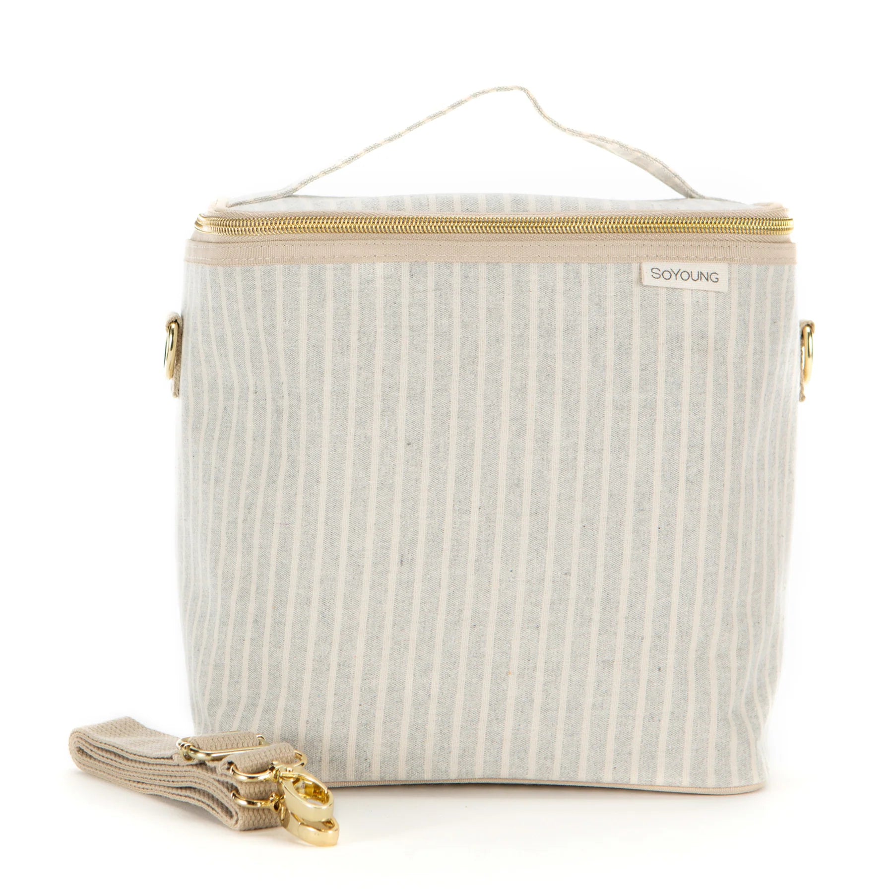 Blue grey pinstripe designer lunch bag from SoYoung