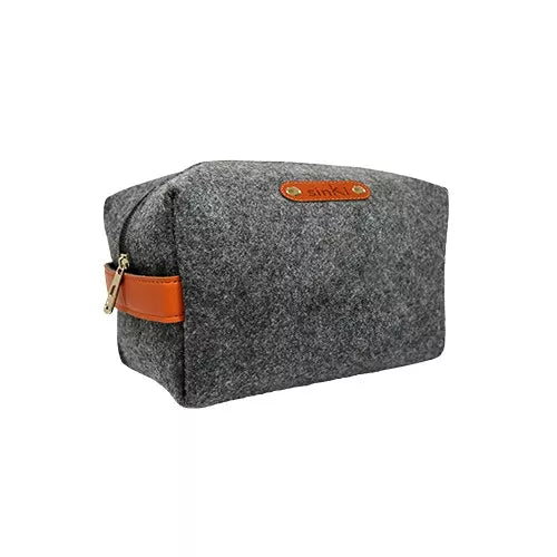 Antracite grey mens wash bag in eco felt side shot showing the carry handle
