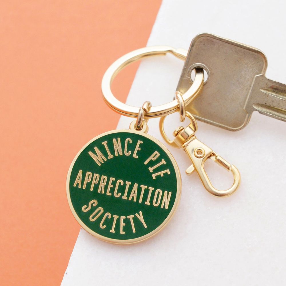 Mince Pie Appreciation Society Green Enamel Keyring by Alphabet Bags