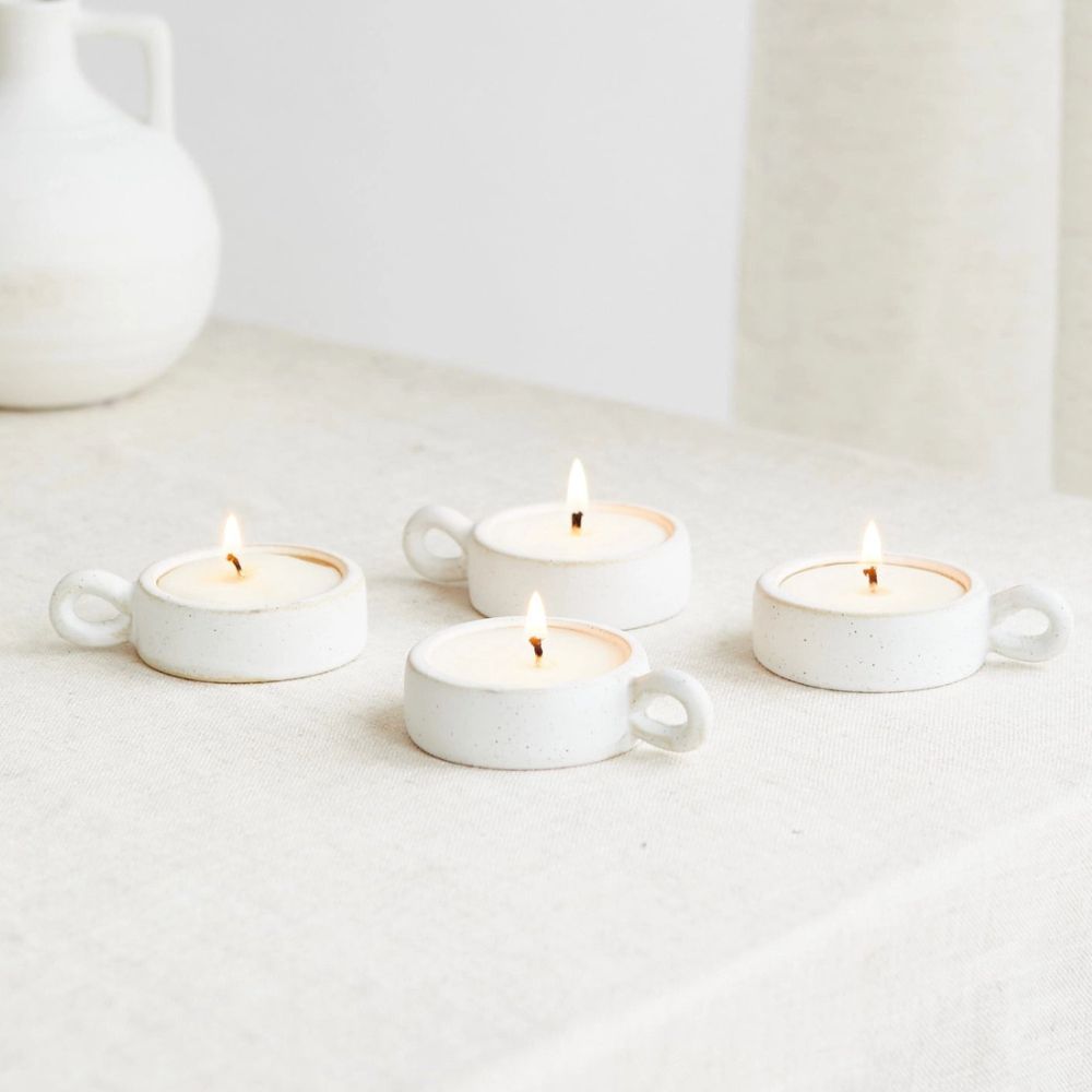 Set of 4 Scented Tealights in Ceramic Scandi Tealight Holder - Lemon & Lavender