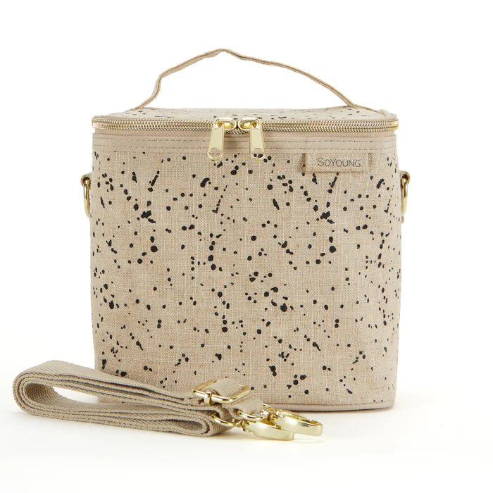 Medium insulated lunch bag in neutral linen fabric with black paint splatter design. Gold coloured zips and hardware.