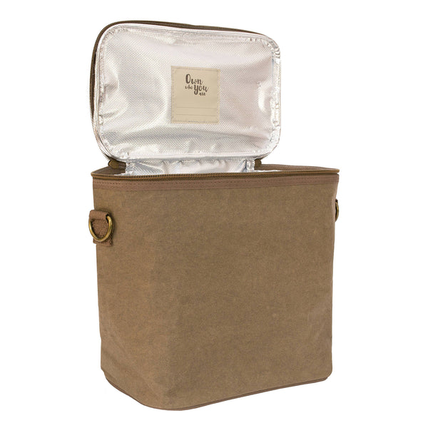 Olive green insulated lunch bag with lid open