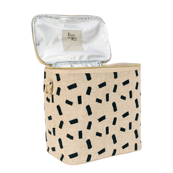 insulated lunch bag with lid open