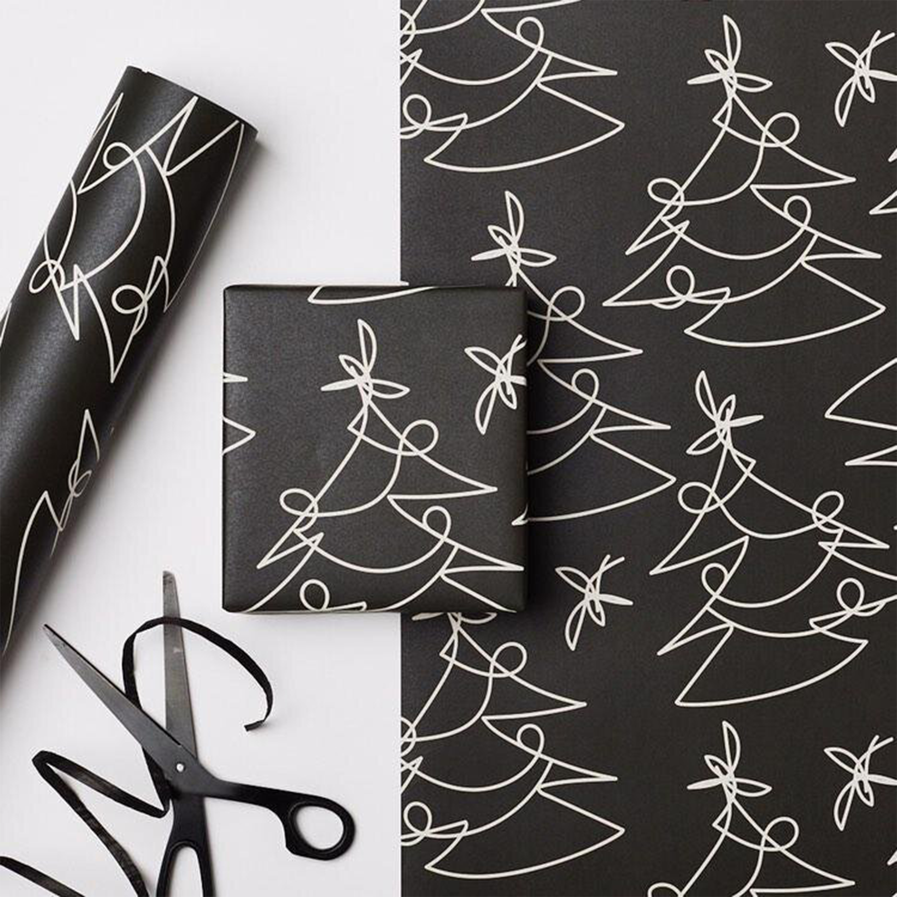 Recyclable Christmas Wrapping Paper - Black Tree Lines by Kinshipped - Pasoluna