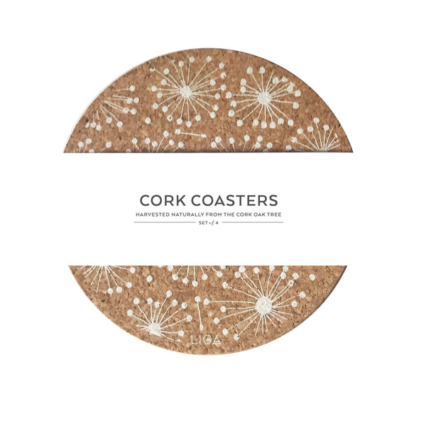 cork coasters with dandelion design and paper bellyband
