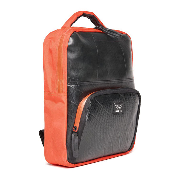 Side view of the orange and black recycled rucksack