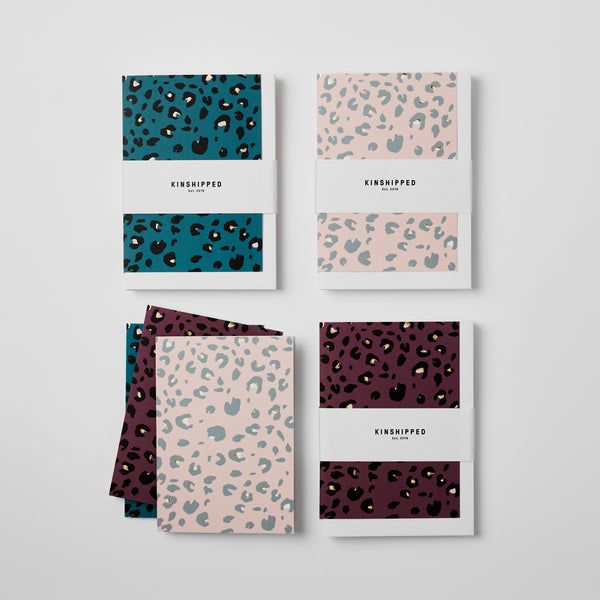 Pack of 6 Notecards - Leopard teal, red, pink