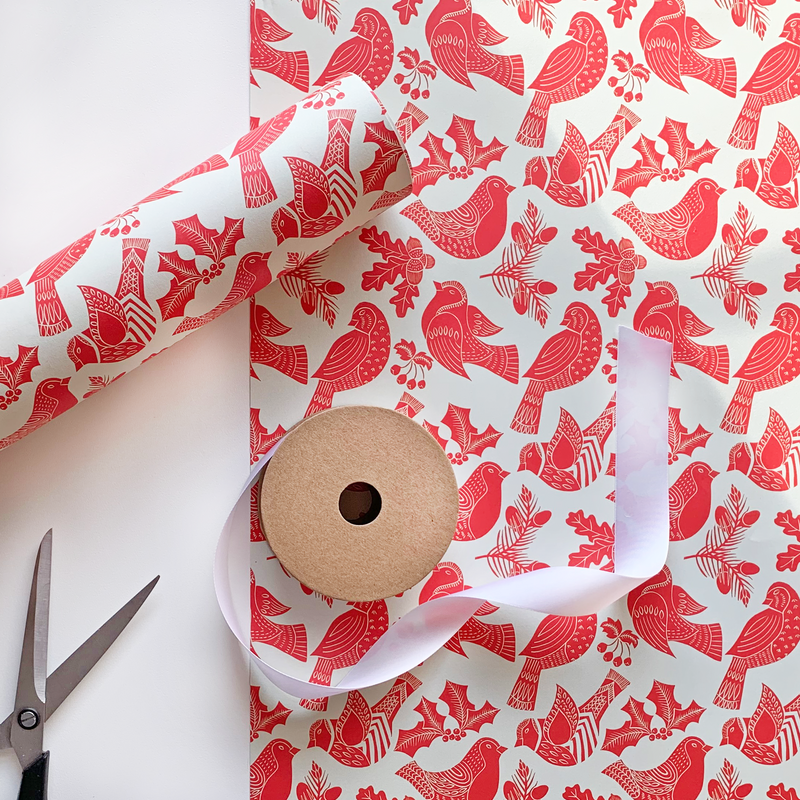 Recyclable Christmas Wrapping Paper - Folk Robins by Rewrapped - Pasoluna