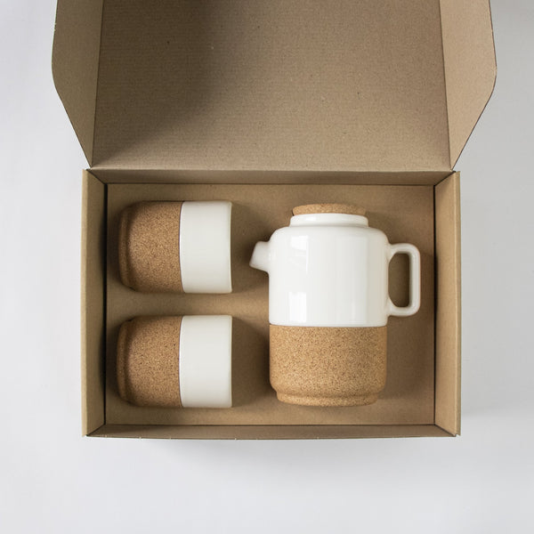 Teapot and 2 handleless mugs shown in the gift box
