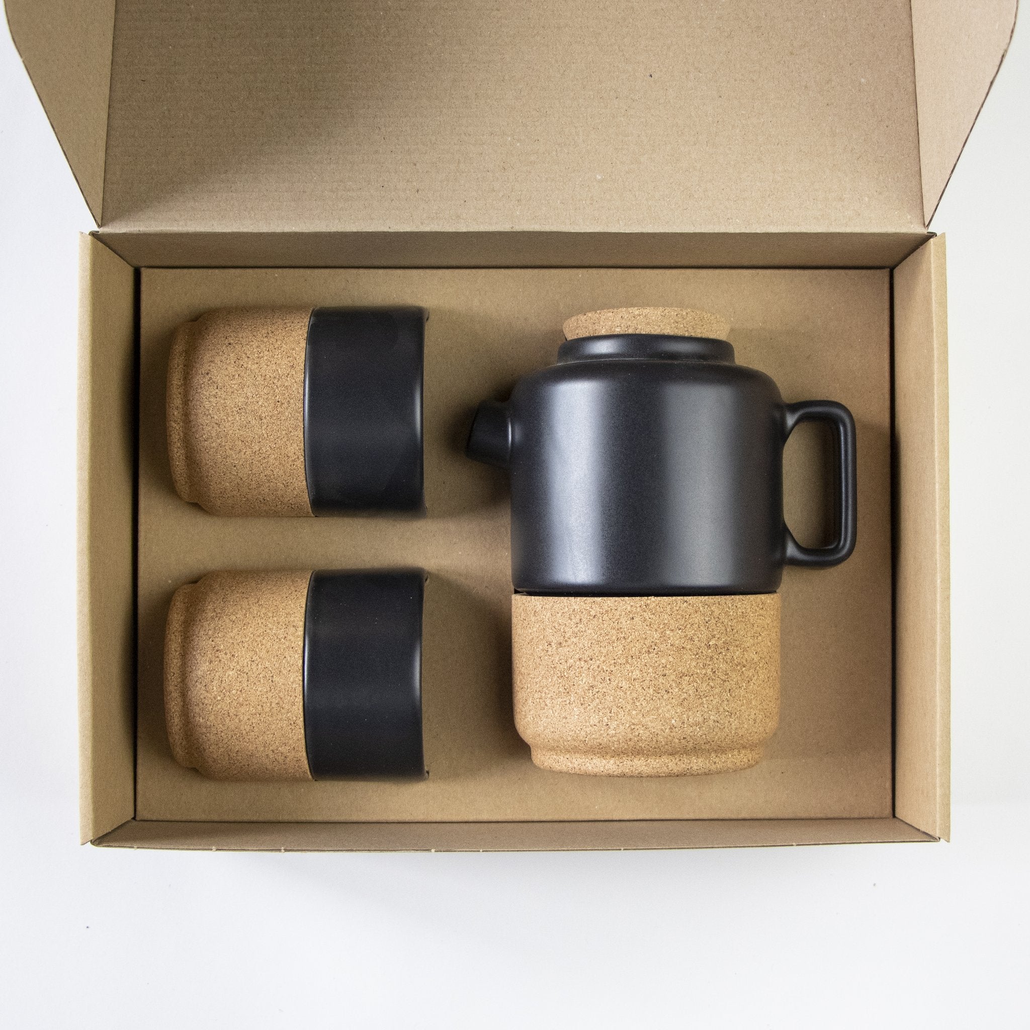 Black teapot and handleless mug gift set in gift box