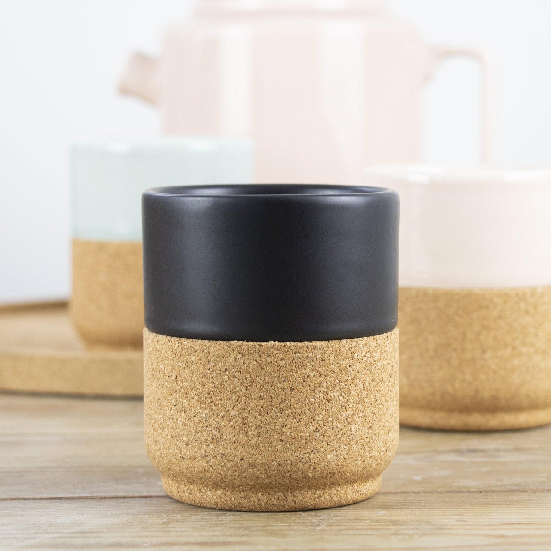 black handleless mug with cork base