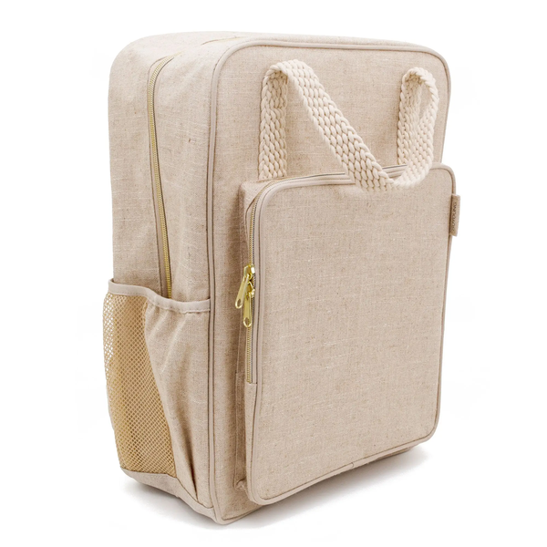 Natural linen backpack showing side and front pockets