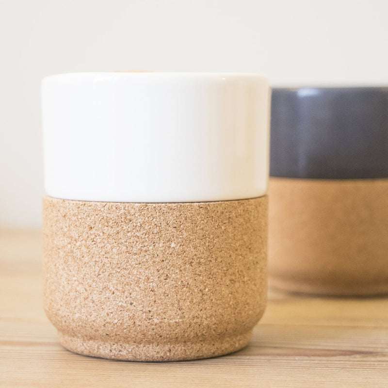 white handleless mug with cork base