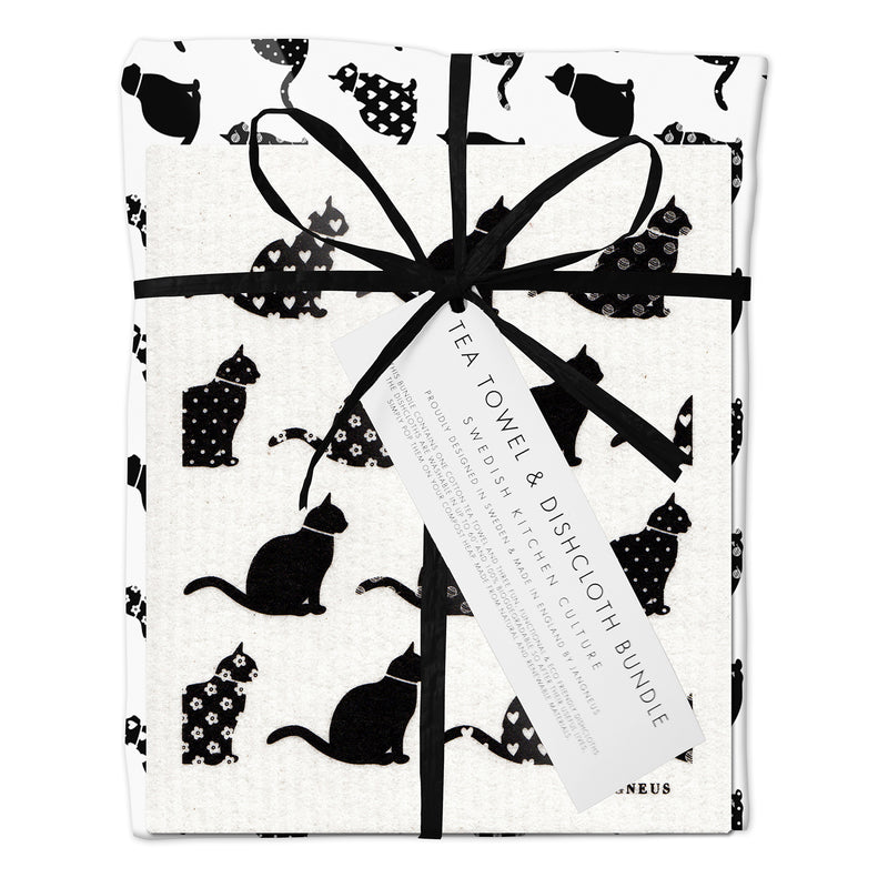 Tea Towel & Dishcloth Bundle - Black Cats