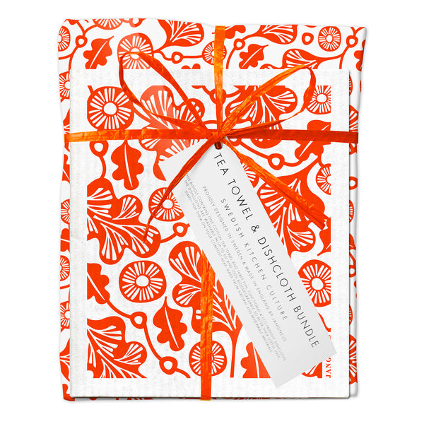 Tea Towel & Dishcloth Bundle - Orange Oak Leaf - Pasoluna