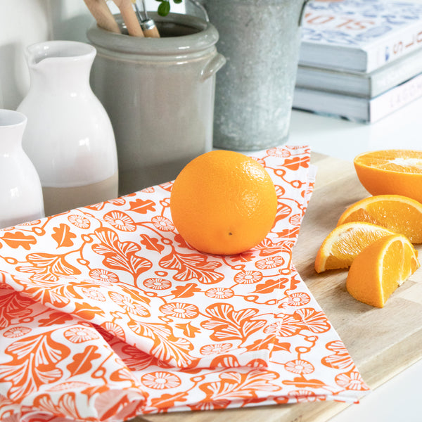 Cotton tea towel orange oak leaf design