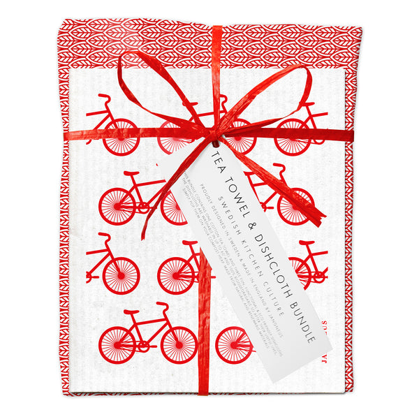 Tea Towel & Dishcloth Bundle - Red Bicycle - Pasoluna