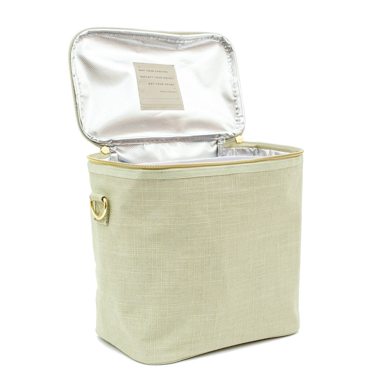 green lunch bag with open lid