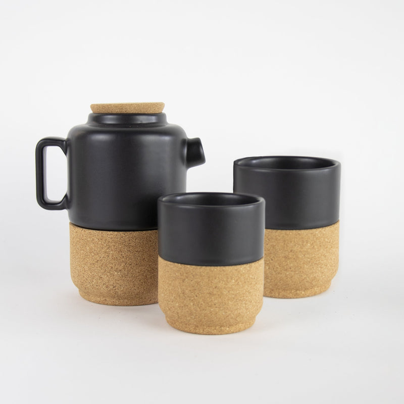 Black teapot with 2 matching handless mugs