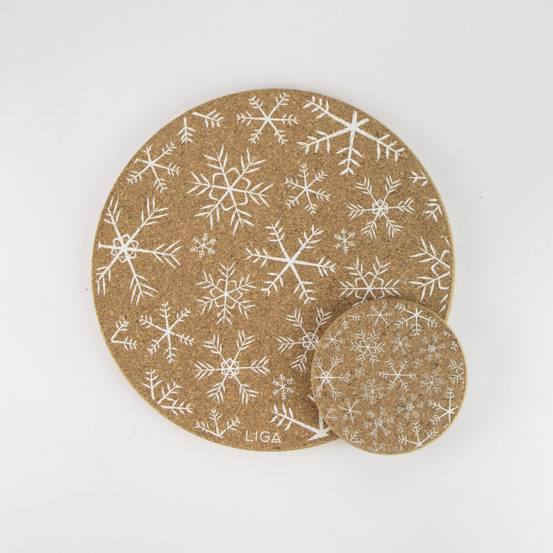 matching cork placemats and coasters with snowflake design